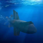 Submarino navegando bajo el agua, representando las soluciones de inteligencia submarina de Kraken Robotics para defensa y tecnología marina.