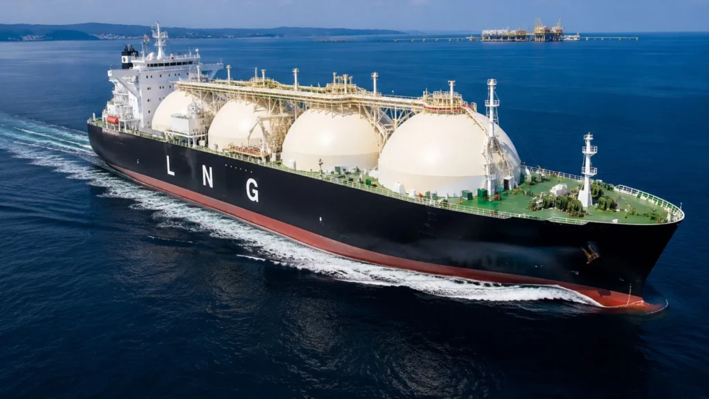 Buque transportador de GNL en navegación, representando el contexto del proyecto Coral Norte FLNG donde MODEC suministrará el sistema de amarre SOFEC.
