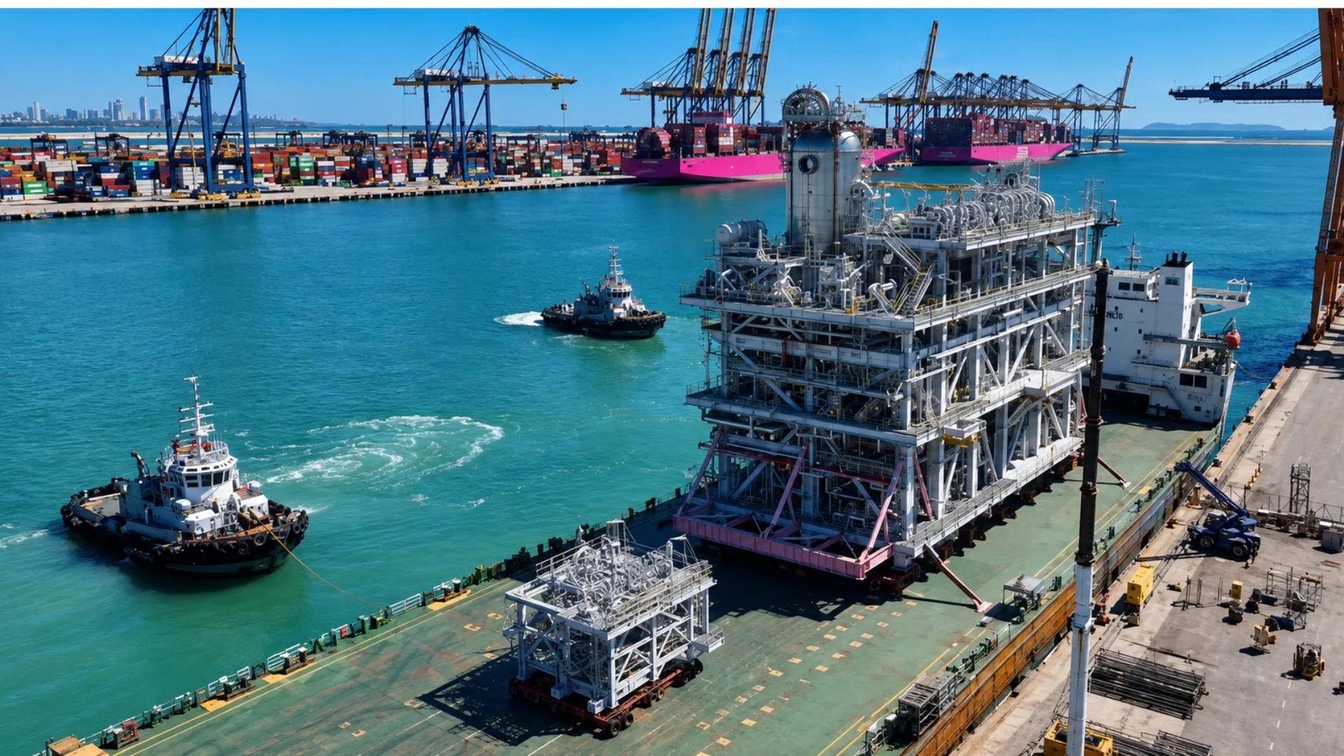 Módulo industrial del proyecto Scarborough transportado por barcaza para su integración con Pluto LNG en Australia Occidental.