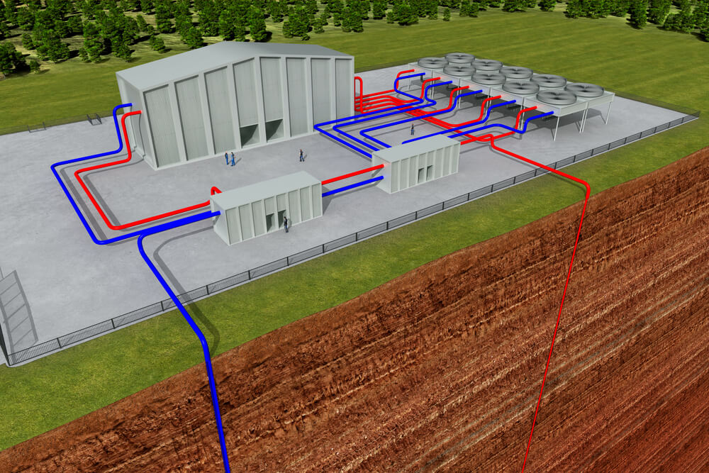 Geothermal system with cut through the earth and deep hole, about 3 to 6 km.