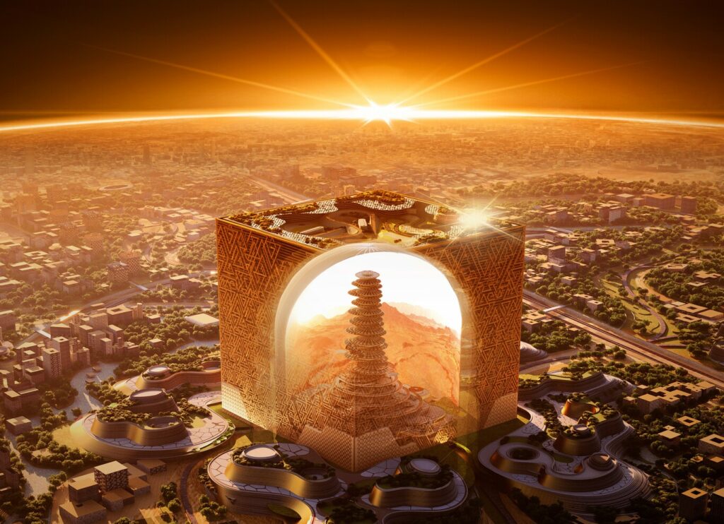 Saudi Arabia’s Mukaab: A Marvelous Holographic Skyscraper Emerges